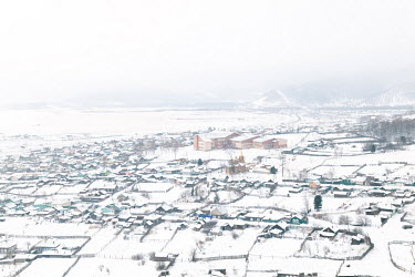 An aerial view of a village on the shore of Lake Baikal.