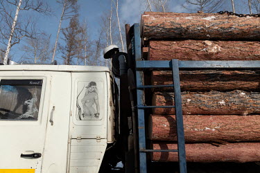 A timber truck carries trees from a felling site in the taiga of Irkutsk oblast.
