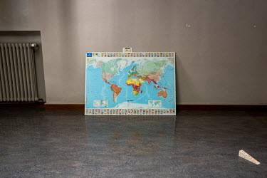 Wall map of the world left behind in an office cleared for renovations. The USD 800 million renovaton and construction project at the Palais des Nations, the United Nations Office at Geneva (UNOG), is...
