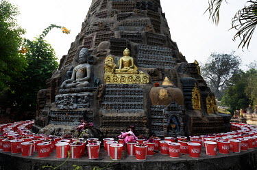 Offerings ready for a ceremony at a Buddhist pilgrimage site.
