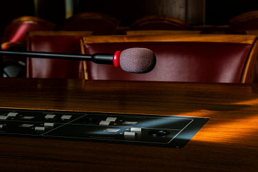 End of an era: microphone in the main United Nations press briefing room in the Palais des Nations, after being used for the last time and prior to being cleared for renovation. The microphones were s...