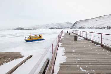A hovercraft on Maloe More (the Small Sea), a strait in Lake Baikal, heading to Olkhon island.