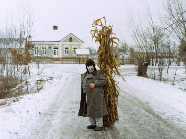 A man wearing a mask and carrying a sheaf of wilted corn plants on a street in VAshkivtsi village during a Malanka (also known as Pitsarai, Jocul Ursului (bear dance), Capra (goat) and Cerb (deer), a...