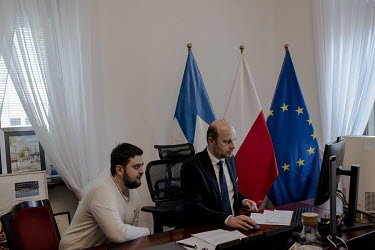 Lubomir Eder (L), from Lviv, in Rzeszow town hall with the town president, Konrad Fijolek, during a zoom meeting to discuss the Russian invasion and the refugee crisis with the mayor of Ivano-Frankivs...