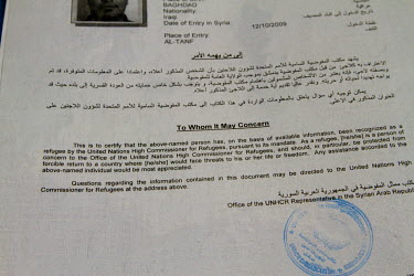 A copy of a refugee certificate belonging to Ahmed, a gay Iraqi refugee, issued by the United Nations High Commissioner for Refugees in Damascus.