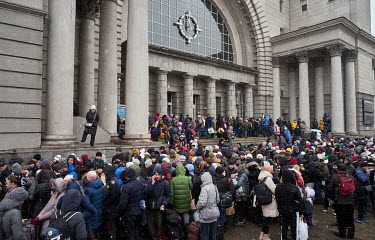 Thousands of people, waiting as snow falls, for hours at the station for the humanitarian train to Lviv. Most of the the crowd are from Dnipro while others are from Kharkiv, Mariupol and Volnovakha.