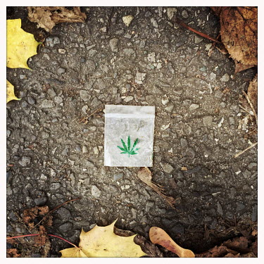 A discarded empty plastic drug 'baggie' used for for weed and featuring a cannabis leaf motif.