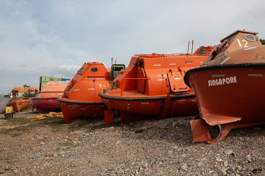 Salvaged ship's lifeboats in the Aliaga ship-breaking yard.