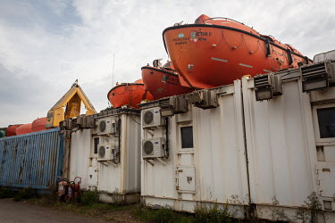 Salvaged ship's lifeboats in the Aliaga ship-breaking yard.