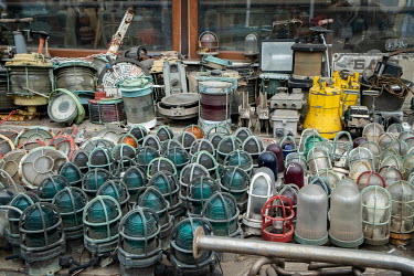 Various lights salvaged from ships in the Aliaga ship-breaking yard.