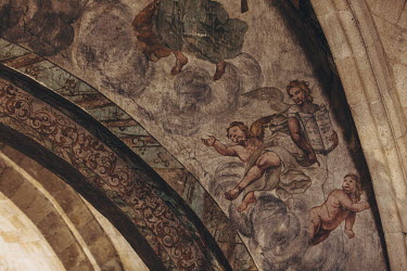 Frescoes decorate the main arch of the Iglesia de Santa Maria del Castillo, a 13th century Romanesque church in the village of Castronuno.