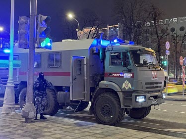 Vehicles holding officers from the OMON and police forces parked at Pushkinskaya Square where anti-war protestors were quickly arrested when they demonstrated against the invasion of Ukraine.