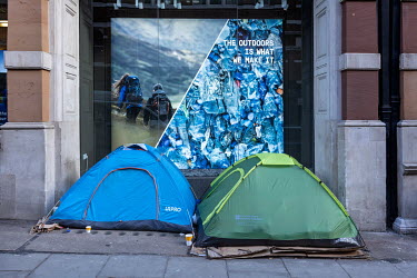 Tents belonging to homeless people outside a sports shop in central London.