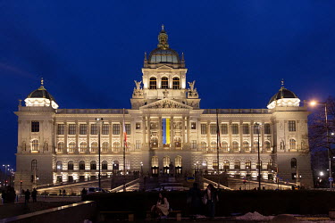 The Ukrainian flag hangs from the exterior of the National Museum at the top of Wenceslas Square.