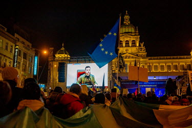 Ukrainian President Volodymyr Zelensky addresses a large crowd gathered in Wenceslas Square to protest the Russian invasion of Ukraine. The broadcast was seen at protests held in several European citi...