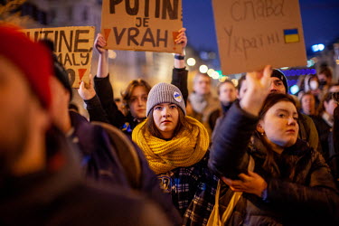 Protestors holding anti-Putin signs as thousands of people gathered in Prague's Wenceslas Square to protest the Russian invasion of Ukraine. Ukrainian President Volodymyr Zelensky addressed crowds in...