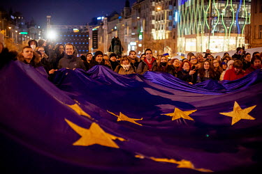 Protestors holding a huge European flag as thousands of people gathered in Prague's Wenceslas Square to protest the Russian invasion of Ukraine. Ukrainian President Volodymyr Zelensky addressed crowds...