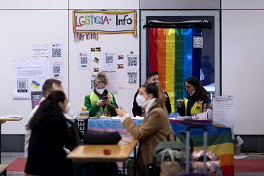 LGBTQIA+ information desk for gay and lesbian Ukrainian refugees at the arrivals centre at the Hauptbahnhof, the railway station where trains arrive from Poland.