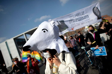 A woman wearing a polar bear head piece among demonstrators from Greenpeace and from the Fridays For Future movement at a rally of students from the global Fridays For Future movement and against the...