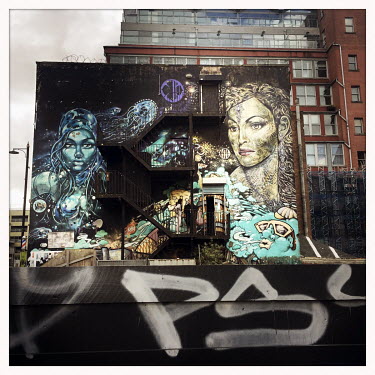 A mural with the theme 'earth, wind, fire, and water' by Subism Collective (UK), Deus, N4t4, Philth and Ventsa in the Northern Quarter.
