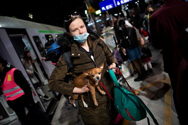 A Ukrainian refugee with a dog disembarks a train from Poland that has just arrived at the Hauptbahnhof, Berlin's main railway station.