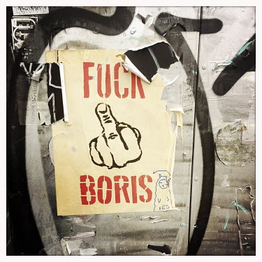 'Fuck Boris' (Johnson), a street art poster on a wall in the Northern Quarter.
