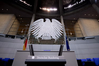 A metal sculpture of the Federal Eagle above the main lecturn inside the plenary hall of the German parliament (Deutscher Bundestag) prior to the upcoming session of the new parliament on 26 October 2...