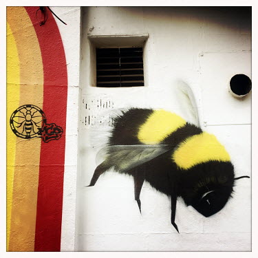 A bumble bee or the 'Working Bee', a symbol of the city of Manchester, street art in the Northern Quarter.