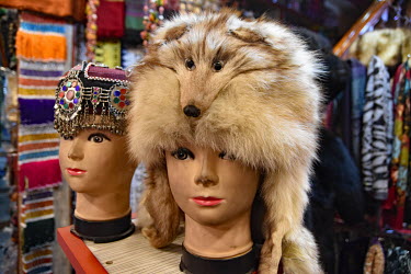 A hat made from fox fur in a souvenir shop.