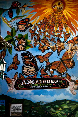A mural of monarch butterflies.