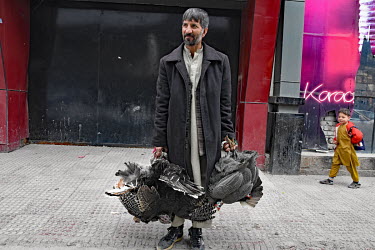 A man carries live turkeys along a street.