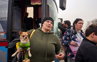 A woman from Berdyansk arrives in Zaporozhia in Ukrainian-controlled territory carrying her dog in her arms. Two buses of the Ukrainian Red Cross evacuation arrived ahead of more than 40 more buses fr...