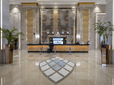 The reception desk in the lobby of the luxury St. Regis Almasa Hotel in Egypt's New Administrative Capital. Following persistent problems of overpopulation, pollution and traffic congestion, the const...