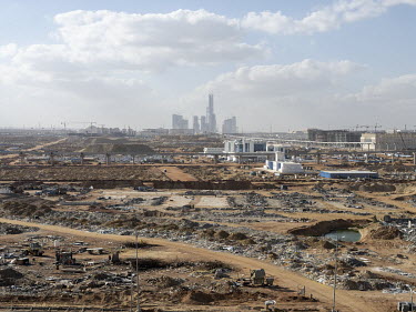 A panoramic view over Egypt's New Administrative Capital with the towers of Central Business District on the horizon.  Following persistent problems of overpopulation, pollution and traffic congestion...