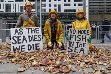 Ocean Rebellion activists protest outside DEFRA on Marsham Street, to publicise the mass die-off of crustaceans off the coast of NE England. The group believe the deaths are caused by the dredging and...