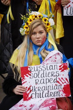 Ukrainians protesting on Whitehall against alleged Russian army war crimes in Bucha.