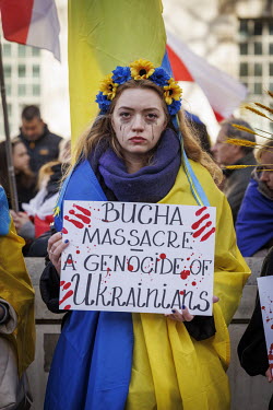Ukrainians protesting on Whitehall against alleged Russian army war crimes in Bucha.