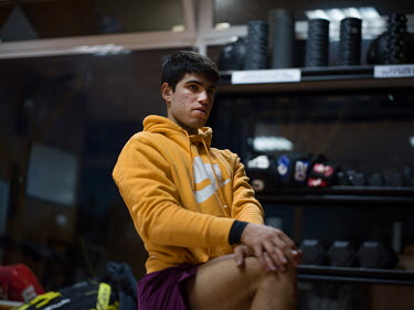 Tennis player Carlos Alcaraz (18), who is tipped to reach world's top 50 (as of 4 April 2022 he is ranked number 11), training late into the evening in the gym at the Juan Carlos Ferrero Equelite Spor...