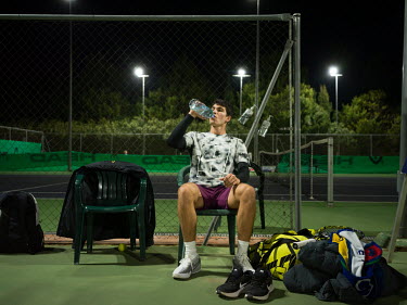 Tennis player Carlos Alcaraz (18), who is tipped to reach world's top 50 (as of 4 April 2022 he is ranked number 11), training late into the evening at the Juan Carlos Ferrero Equelite Sport Academy.