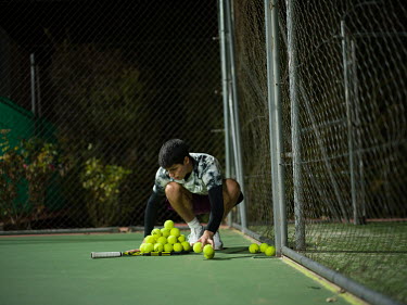 Tennis player Carlos Alcaraz (18), who is tipped to reach world's top 50 (as of 4 April 2022 he is ranked number 11), training late into the evening at the Juan Carlos Ferrero Equelite Sport Academy.