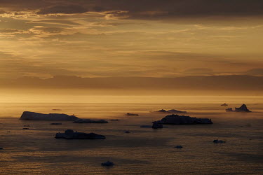 Icebergs calved from the Jakobshavn glacier melting in Disko Bay. Greenland's melting icesheets and glaciers are likely to add significantly to the world's rising sea levels.