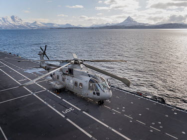 An Italian navy Amphibious Task Force helicopter on the aircraft carrier Giuseppe Garibaldi during 'Cold Response 2022' (CR 22), a Norwegian military exercise involving invited allies and partner nati...
