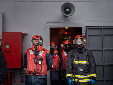 Flight deck crew on board Italian aircraft carrier Giuseppe Garibaldi during 'Cold Response 2022' (CR 22), a Norwegian military exercise involving invited allies and partner nations held between 14 Ma...