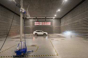 A vehicle sits in an electro-magnetic interference testing lab at the BYD (Build Your Dreams) headquarters.