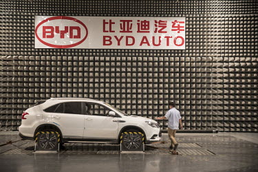 A vehicle sits in an electro-magnetic interference testing lab at the BYD (Build Your Dreams) headquarters.