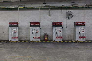 Electric vehicle charging stations in a garage in Shenzhen, one of the many cities in China electrifying it's public transportation fleet.