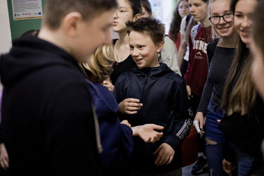 Ukrainian and Polish pupils socialise during a break between lessons at public primary school number 81 where around 10% of the school's pupils are from Ukraine, most of them have been forced to flee...