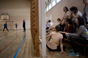 Ukrainian and Polish pupils socialise during a physical education lesson at public primary school number 81 where around 10% of the school's pupils are from Ukraine, most of them have been forced to f...