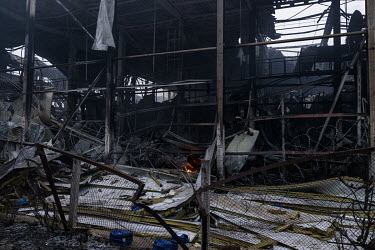 A burned out warehouse, near an oil depot south of Kyiv, which was hit the night before by what was said to be a Russian cruise missile strike.