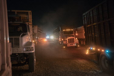A queue of trucks waiting to deliver wheat for export to Ferropuerto de Sonora, a company dedicated to services for cargo transportation. The Yaqui Valley is a wheat-producing region in northwestern M...